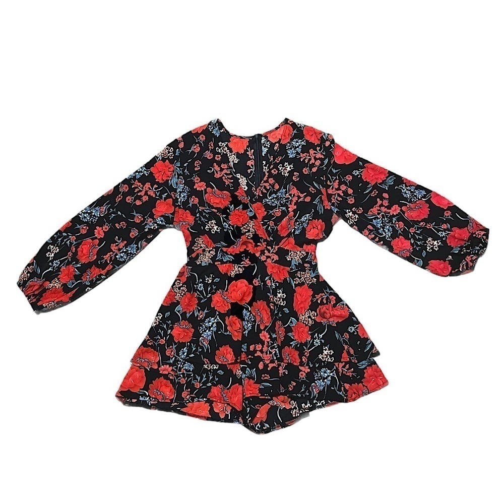 Women’s V-Neck Floral Romper Long Sleeves Double Layer Ruffle Hem Short Jumpsuit